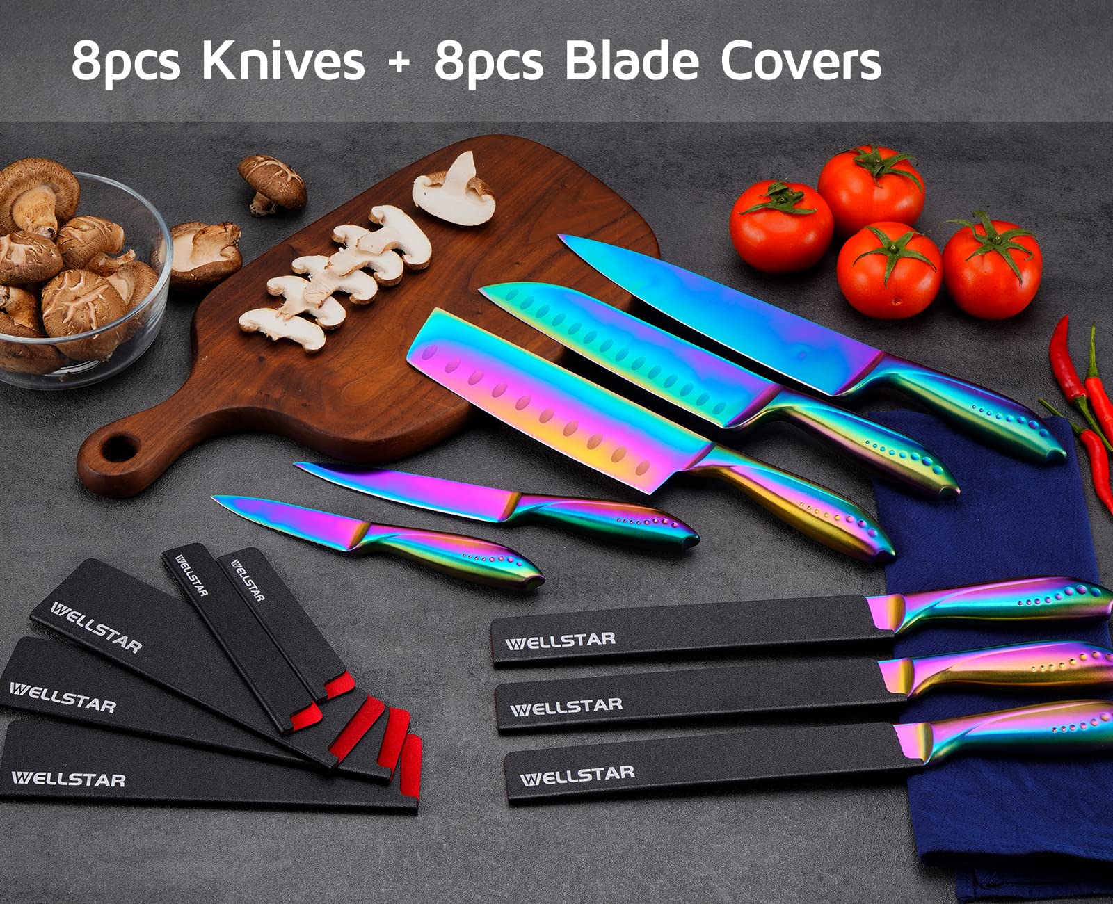 WELLSTAR Rainbow Knife Set 16 Pieces with 8 Knives and 8 Blade Guards, Iridescent German Stainless Steel Kitchen Knives with Durable Sheath Cover, Colorful Titanium Coated Chef’s Cooking Knife Set