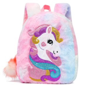 hiccupfish cboalogr cute plush unicorn toddler mini travel bag princess plush backpack for girls 3-6 years (pink curly hair unicorn)