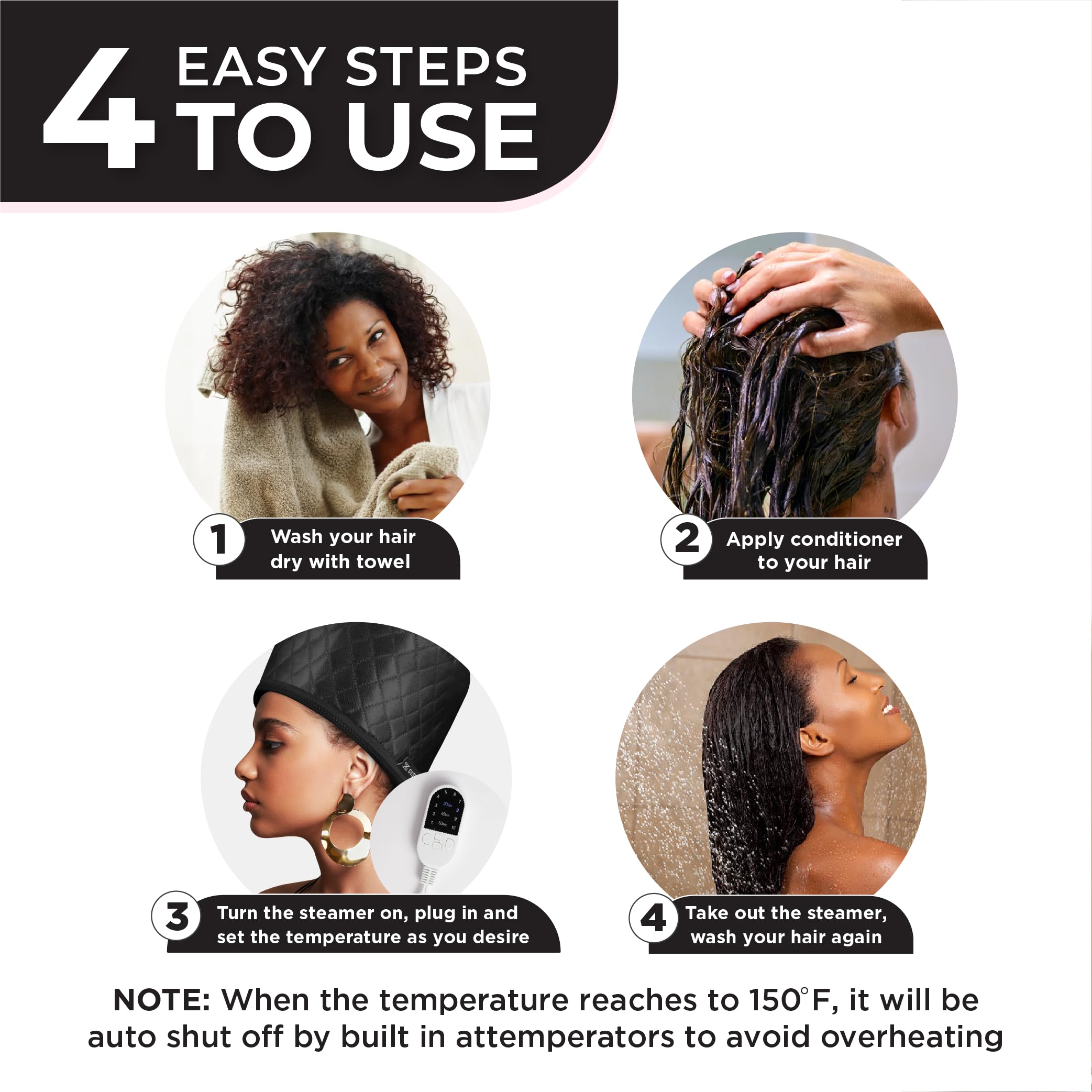 Hair Steamer for Natural Hair Home Use w/10-level Heats Up Quickly, Heat Cap for Deep Conditioning - Thermal Heat Cap for Black Hair, Great for Deep Conditioner (Black)