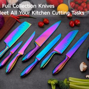 WELLSTAR Rainbow Knife Set 16 Pieces with 8 Knives and 8 Blade Guards, Iridescent German Stainless Steel Kitchen Knives with Durable Sheath Cover, Colorful Titanium Coated Chef’s Cooking Knife Set