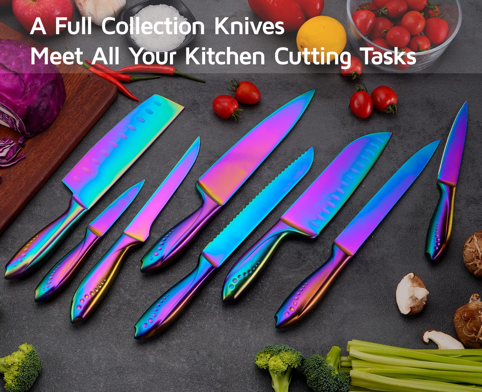 WELLSTAR Rainbow Knife Set 16 Pieces with 8 Knives and 8 Blade Guards, Iridescent German Stainless Steel Kitchen Knives with Durable Sheath Cover, Colorful Titanium Coated Chef’s Cooking Knife Set