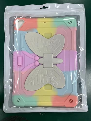 HOGENL for iPad 9th 8th 7th Generation Case for Kids Girl with Pencil Holder, for iPad 10.2 Case with Butterfly Stand Shoulder Strap Shockproof Protective Cover, Multicolor