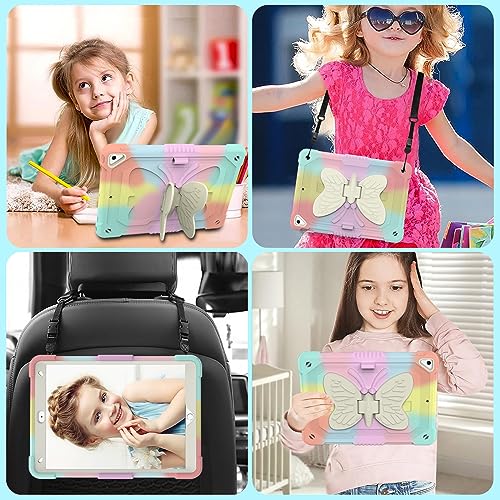 HOGENL for iPad 9th 8th 7th Generation Case for Kids Girl with Pencil Holder, for iPad 10.2 Case with Butterfly Stand Shoulder Strap Shockproof Protective Cover, Multicolor