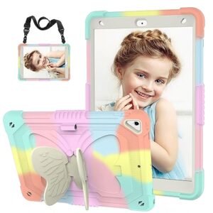 hogenl for ipad 9th 8th 7th generation case for kids girl with pencil holder, for ipad 10.2 case with butterfly stand shoulder strap shockproof protective cover, multicolor