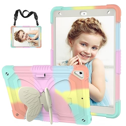 HOGENL for iPad 9th 8th 7th Generation Case for Kids Girl with Pencil Holder, for iPad 10.2 Case with Butterfly Stand Shoulder Strap Shockproof Protective Cover, Multicolor