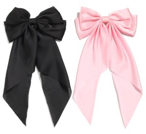 furling pompoms hair bows for women,large satin silky hair bow clips ribbon long tail french barrette hair clamps girls hair accessories party wedding christmas thanksgiving (black pink)