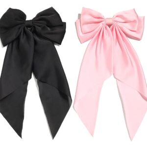 Furling Pompoms Hair Bows for Women,Large Satin Silky Hair Bow Clips Ribbon Long Tail French Barrette Hair Clamps Girls Hair Accessories Party Wedding Christmas Thanksgiving (Black Pink)