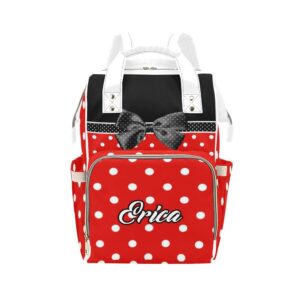 nzoohy polka dots bow personalized name diaper bag tote, custom waterproof nursing baby bag mummy backpack for mom travel outdoor, 15'' x 10.83'' x 6.69''