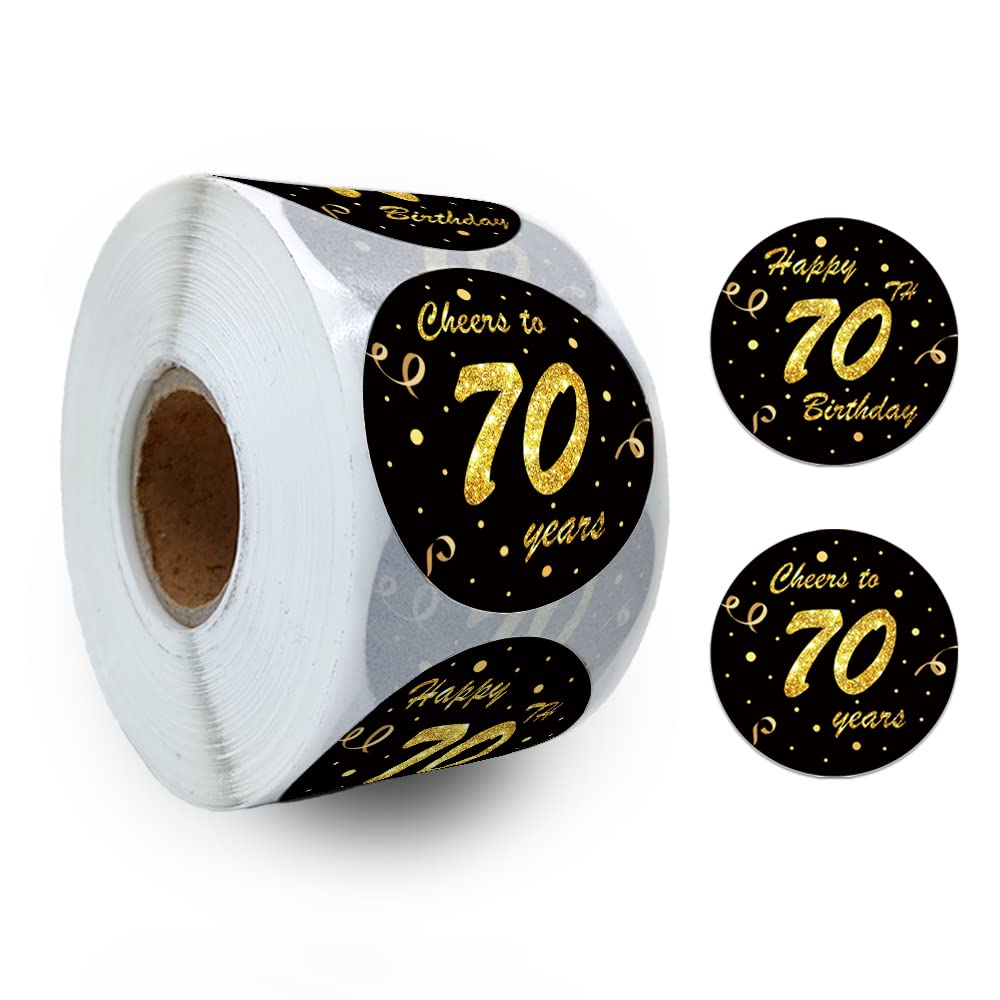 REWIDPARTY Black Gold 70th Birthday Stickers Rolls Cheers to 70 Years Stickers Happy 70th Birthday Stickers Birthday Party Favors Anniversary Party Decorations Adhesive Party Stickers(500 Per Roll)