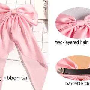 Furling Pompoms Hair Bows for Women,Large Satin Silky Hair Bow Clips Ribbon Long Tail French Barrette Hair Clamps Girls Hair Accessories Party Wedding Christmas Thanksgiving (Black Pink)