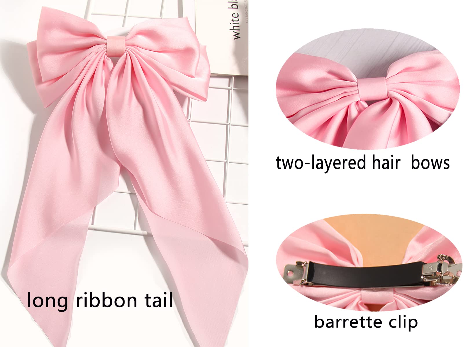 Furling Pompoms Hair Bows for Women,Large Satin Silky Hair Bow Clips Ribbon Long Tail French Barrette Hair Clamps Girls Hair Accessories Party Wedding Christmas Thanksgiving (Black Pink)