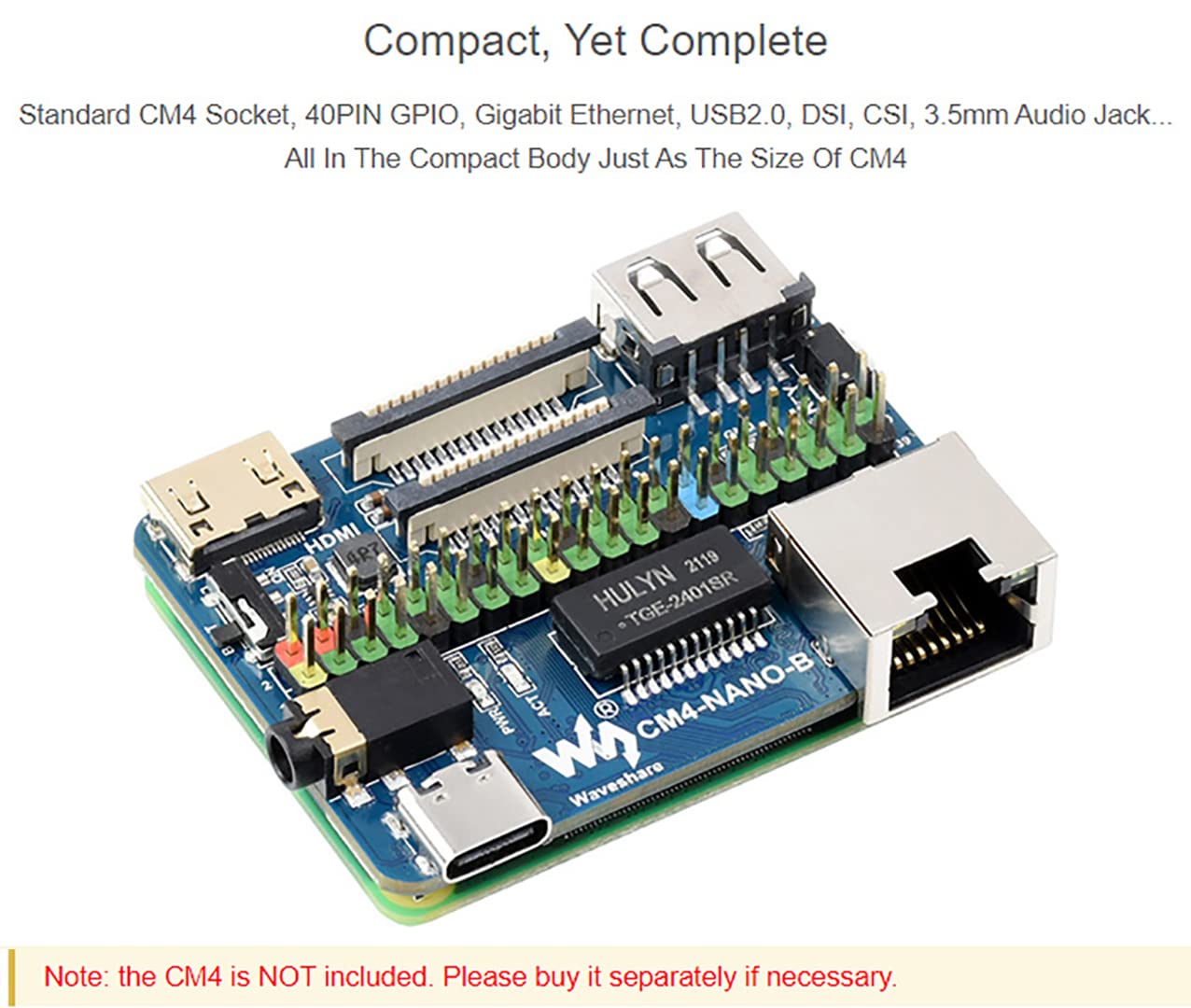 Nano Base Board (B) for Compute Module 4 Lite/eMMC,with Raspberry Pi 40PIN GPIO Header,Gigabit Ethernet RJ45,MIPI CSI-2 Port Connector 3.5mm Jack Audio