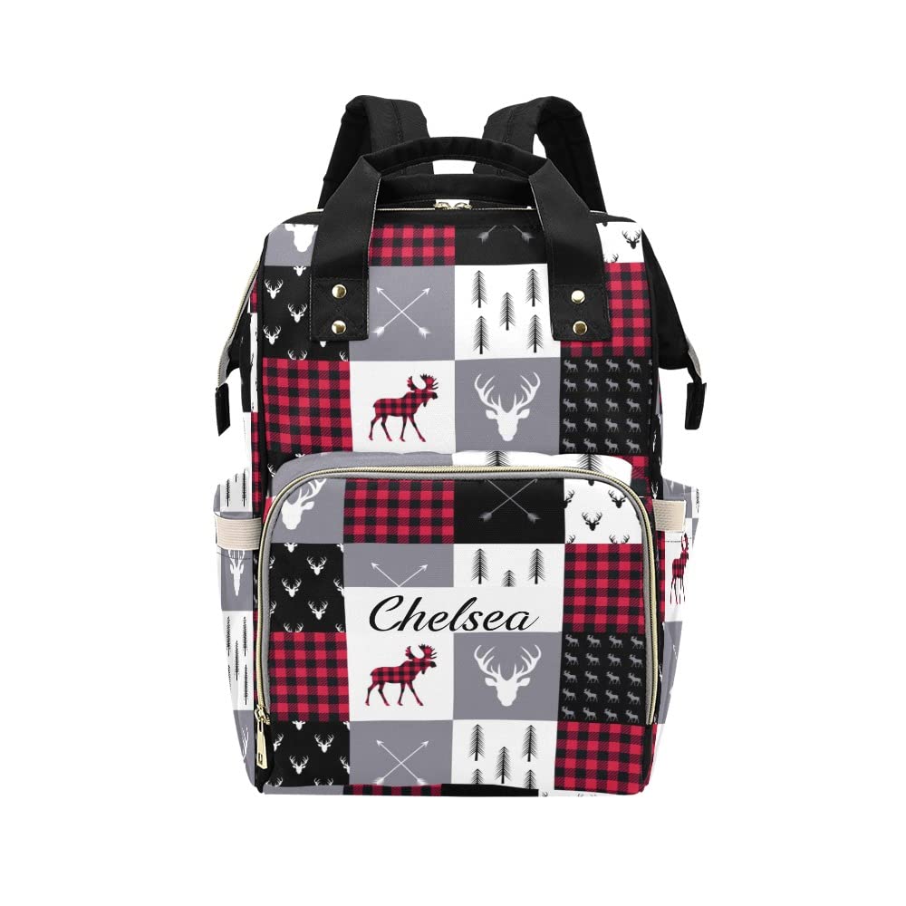 Liveweike Plaid Deer Woodland Personalized Diaper Bag Backpack Custom Name Daypack Large Mommy Bag for Teen Girls Boy Student Option 1