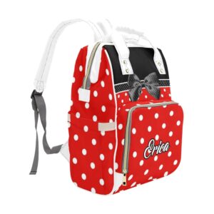 NZOOHY Polka Dots Bow Personalized Name Diaper Bag Tote, Custom Waterproof Nursing Baby Bag Mummy Backpack for Mom Travel Outdoor, 15'' X 10.83'' X 6.69''