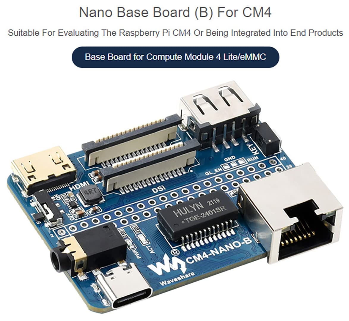 Nano Base Board (B) for Compute Module 4 Lite/eMMC,with Raspberry Pi 40PIN GPIO Header,Gigabit Ethernet RJ45,MIPI CSI-2 Port Connector 3.5mm Jack Audio