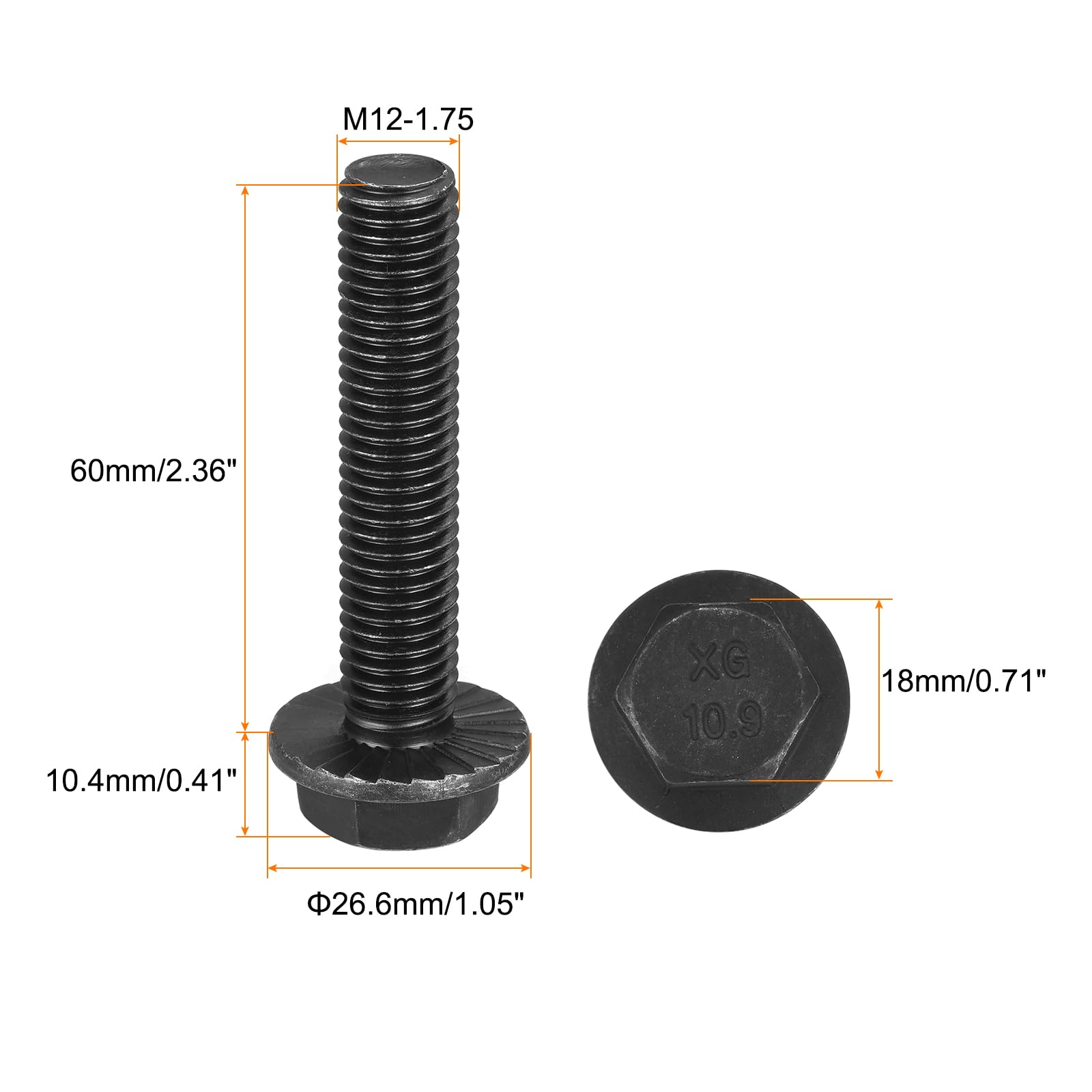 uxcell M12-1.75x60mm Hex Serrated Flange Bolts 10.9 Grade Carbon Steel Screws 3pcs