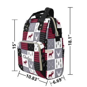 Liveweike Plaid Deer Woodland Personalized Diaper Bag Backpack Custom Name Daypack Large Mommy Bag for Teen Girls Boy Student Option 1