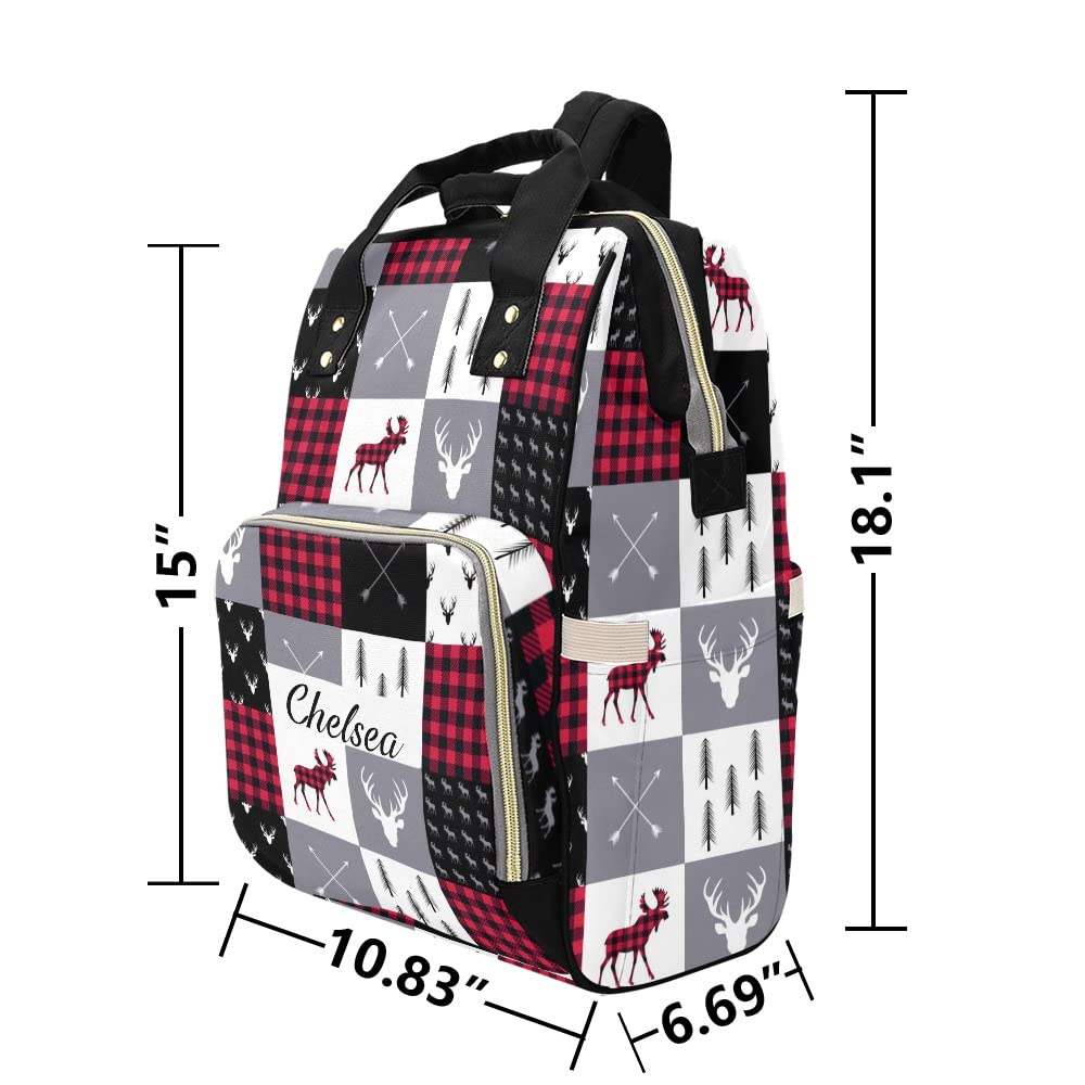 Liveweike Plaid Deer Woodland Personalized Diaper Bag Backpack Custom Name Daypack Large Mommy Bag for Teen Girls Boy Student Option 1