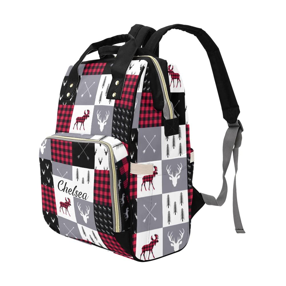 Liveweike Plaid Deer Woodland Personalized Diaper Bag Backpack Custom Name Daypack Large Mommy Bag for Teen Girls Boy Student Option 1