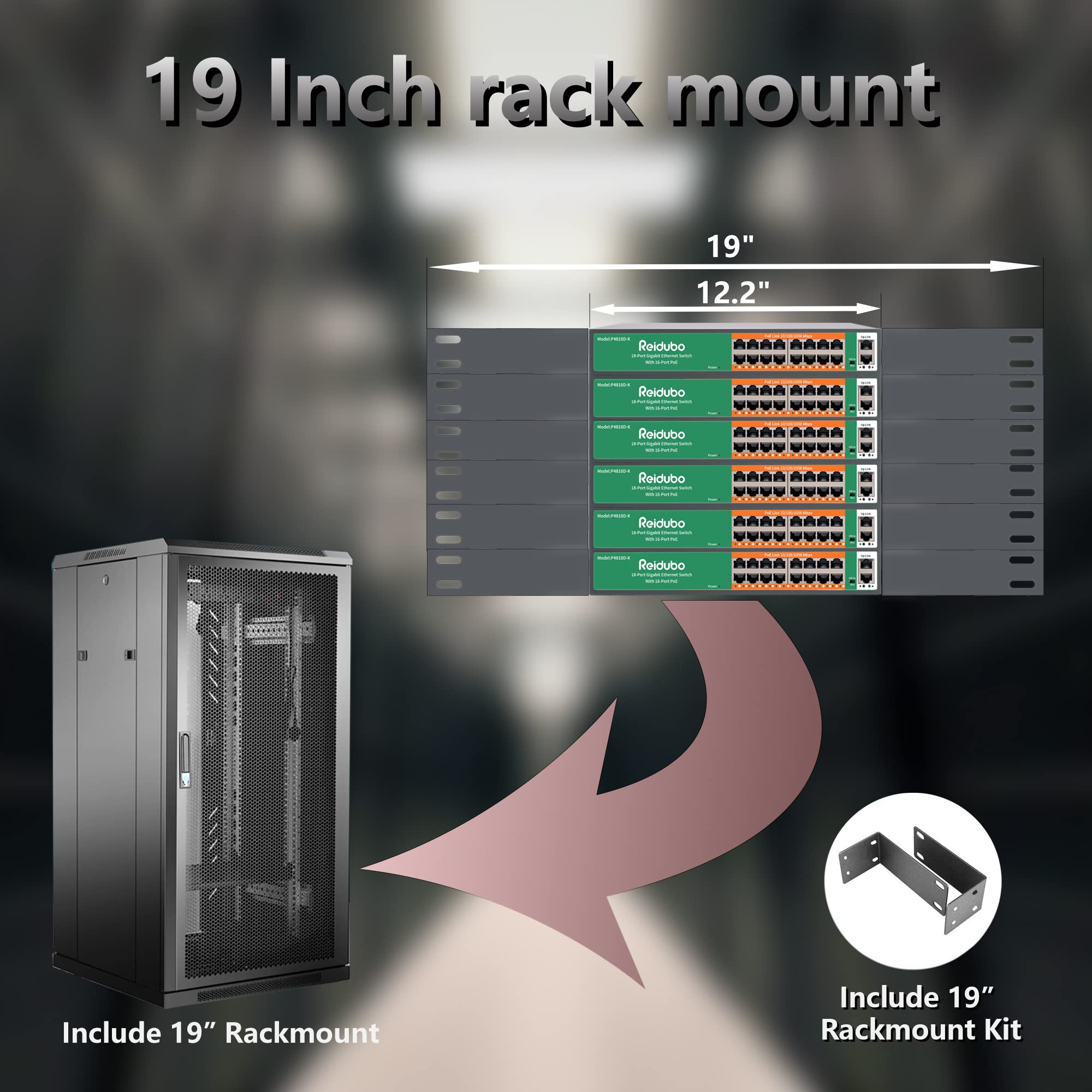 Reidubo 18 Ports Gigabit PoE Switch,16 Port Gigabit PoE+ Network Switch with 2 Uplink Gigabit Ports, 250W, Unmanaged, 19-inch Rackmount, Fanless Quiet Operation, Compatible with AP WiFi6, PoE Cameras