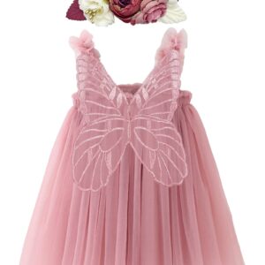 BGFKS Layered Butterfly Tulle Tutu Dress for Baby Girls,Toddler Girl Princess Dress with Flower Headband(Dusty Rose,12 Months)