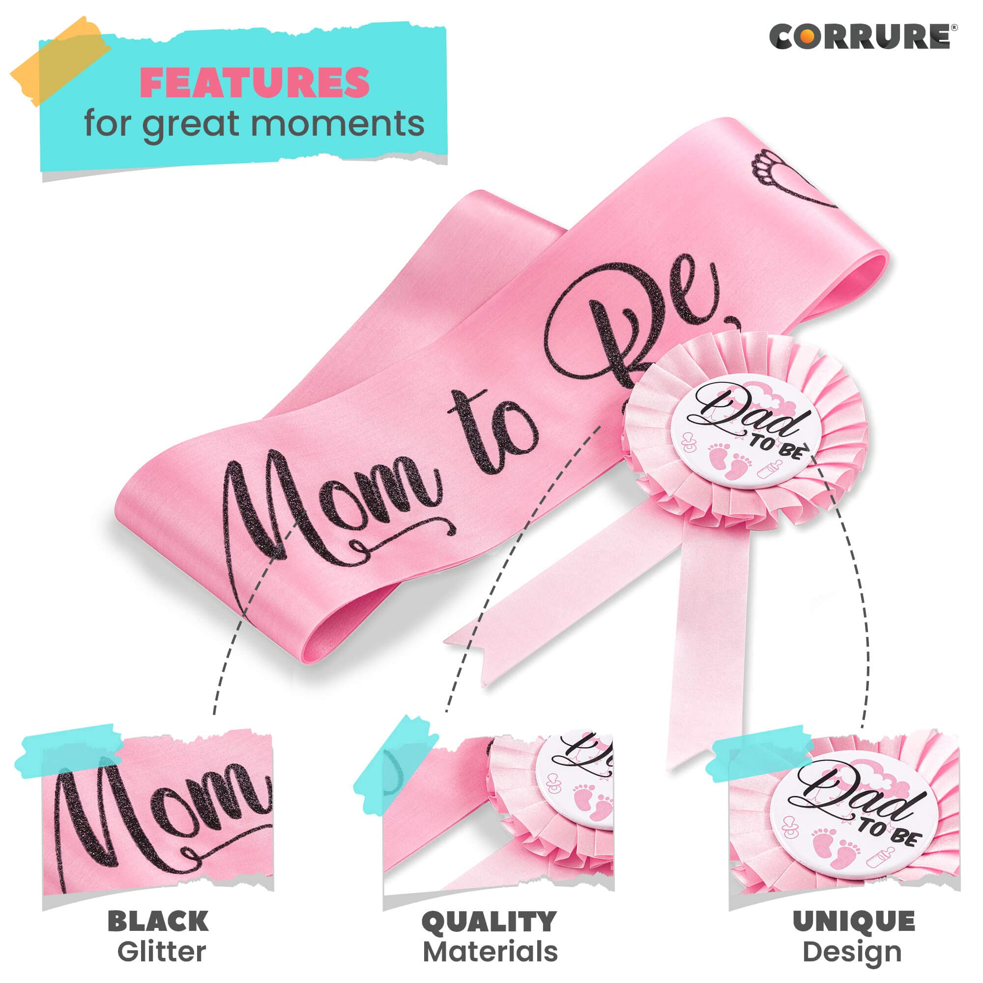 CORRURE Baby Shower Sash and Button Pin for Girl - 'Mom to Be' Sash and 'Dad to Be' Pin with Beautiful Pink Ribbon and Black Glitter Text - Ideal Mom and Dad Gift for Gender Reveal/Baby Shower