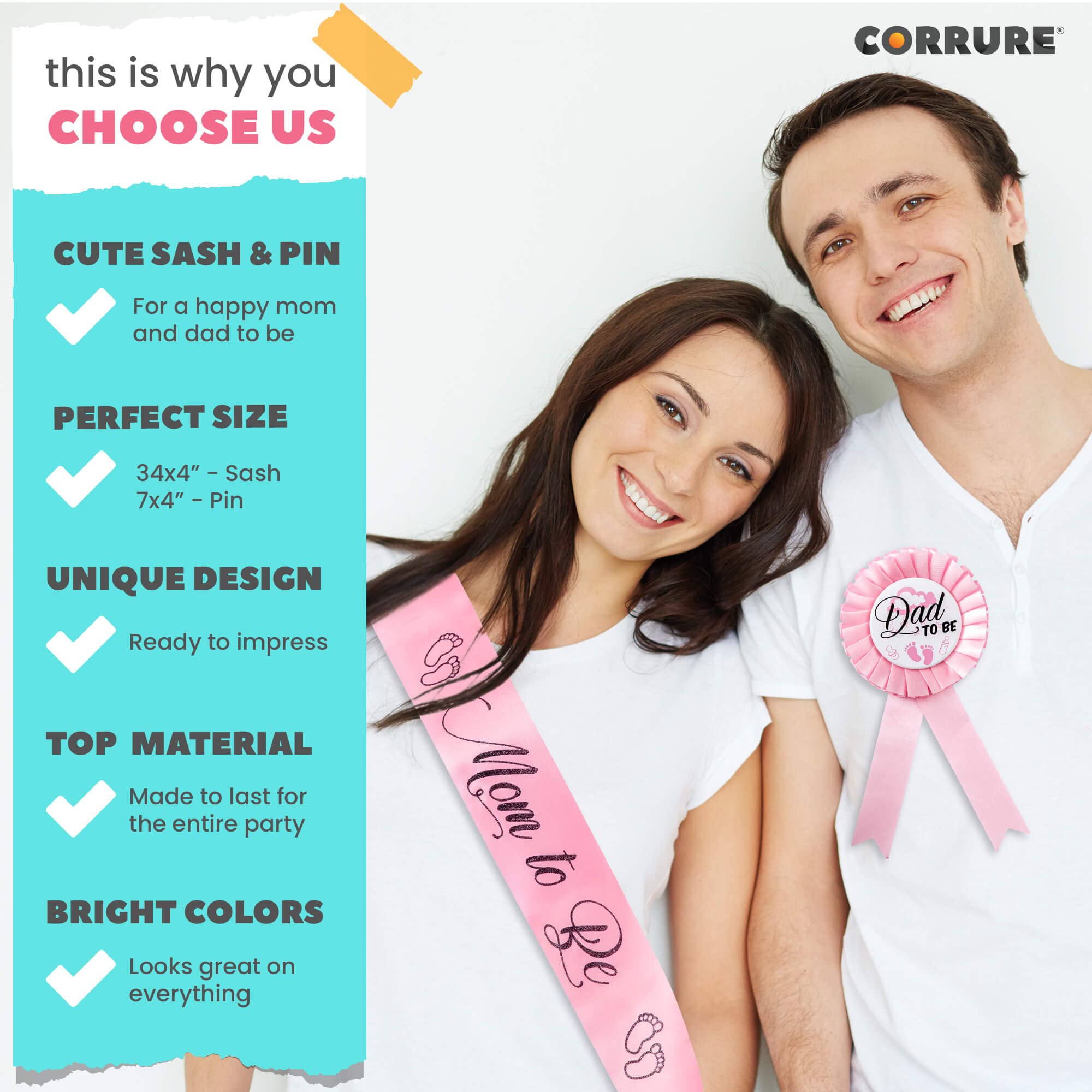 CORRURE Baby Shower Sash and Button Pin for Girl - 'Mom to Be' Sash and 'Dad to Be' Pin with Beautiful Pink Ribbon and Black Glitter Text - Ideal Mom and Dad Gift for Gender Reveal/Baby Shower