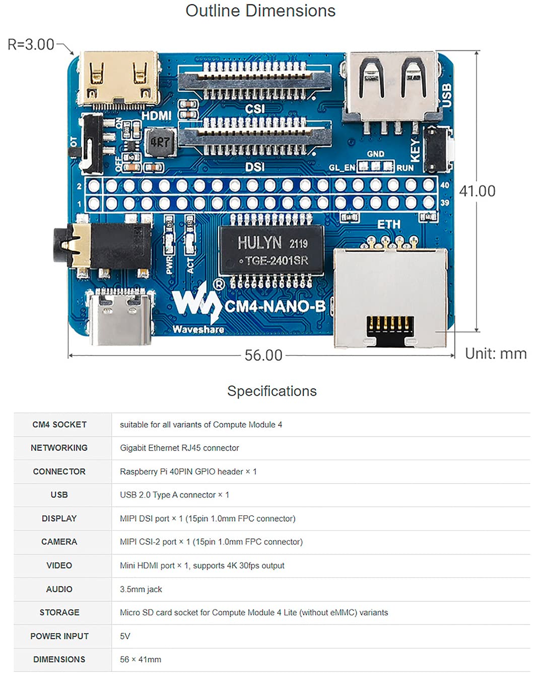 Nano Base Board (B) for Compute Module 4 Lite/eMMC,with Raspberry Pi 40PIN GPIO Header,Gigabit Ethernet RJ45,MIPI CSI-2 Port Connector 3.5mm Jack Audio