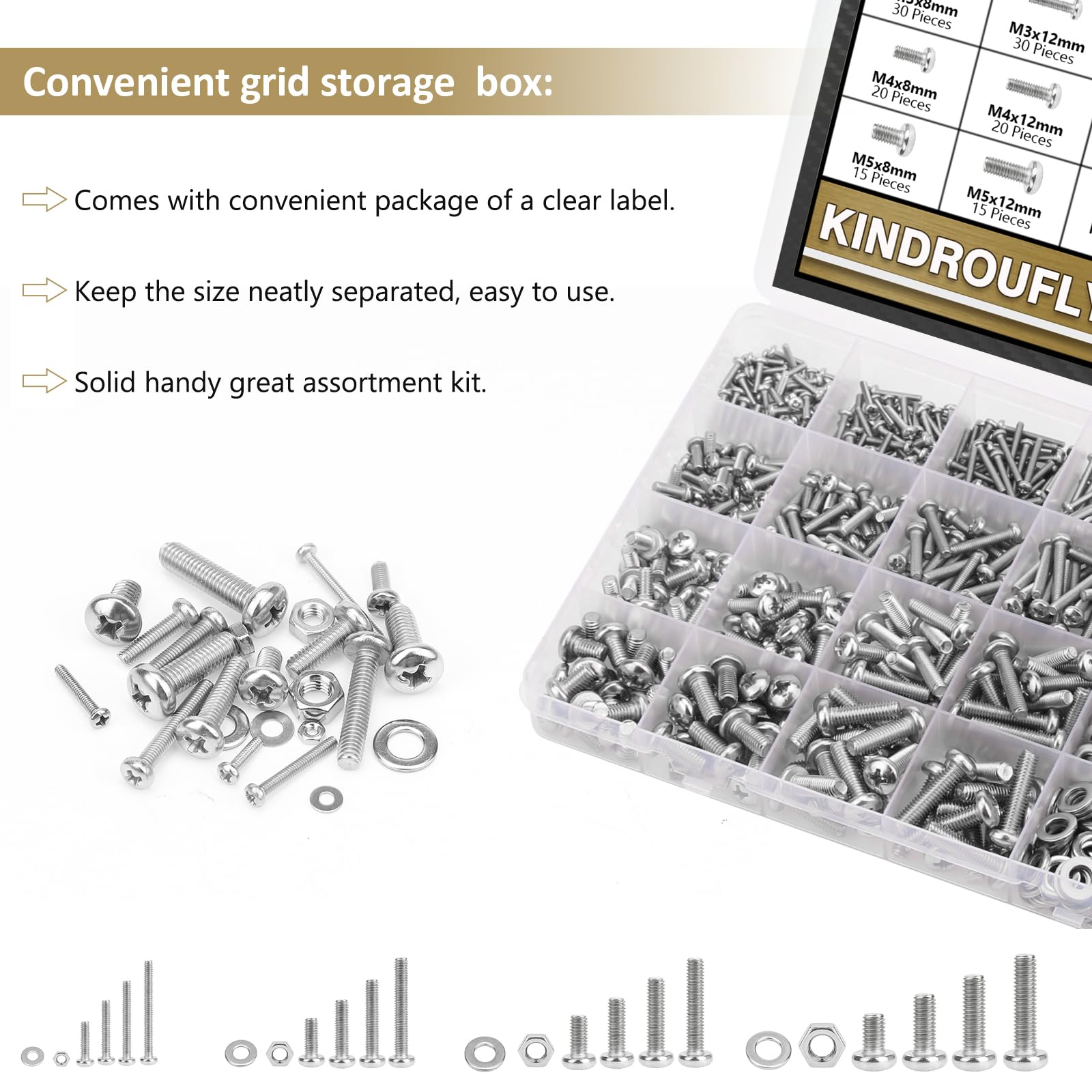 Kindroufly 1285 Pieces M2 M3 M4 M5 Screws Nuts Washers Assortment Kit, Metric Screw Set, Bolts and Nuts, Machine Screws, Fully Machine Thread (Silver, Phillips Pan Head Machine Screws Kit)