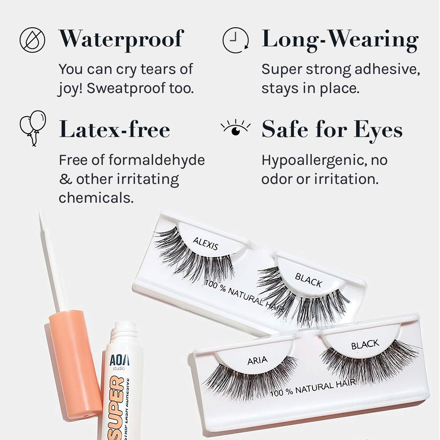 AOA Studio Eyelash Lash Glue Enhancers 4pcs Strip Lash Adhesive Strong Hold Water Proof Formula No Irritation Latex Free Long Lasing Quick Dry Eyelash adhesive 0.17oz Each (4 Pack) (Clear)