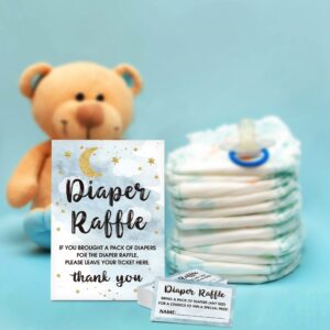 Diaper Raffle Baby Shower Game Set(1 Standing Sign + 50 Guessing Cards), Moon and Stars Diaper Raffle Tickets for Baby Shower, Twinkle Twinkle Little Star Baby Shower Party Favor Decor - B08