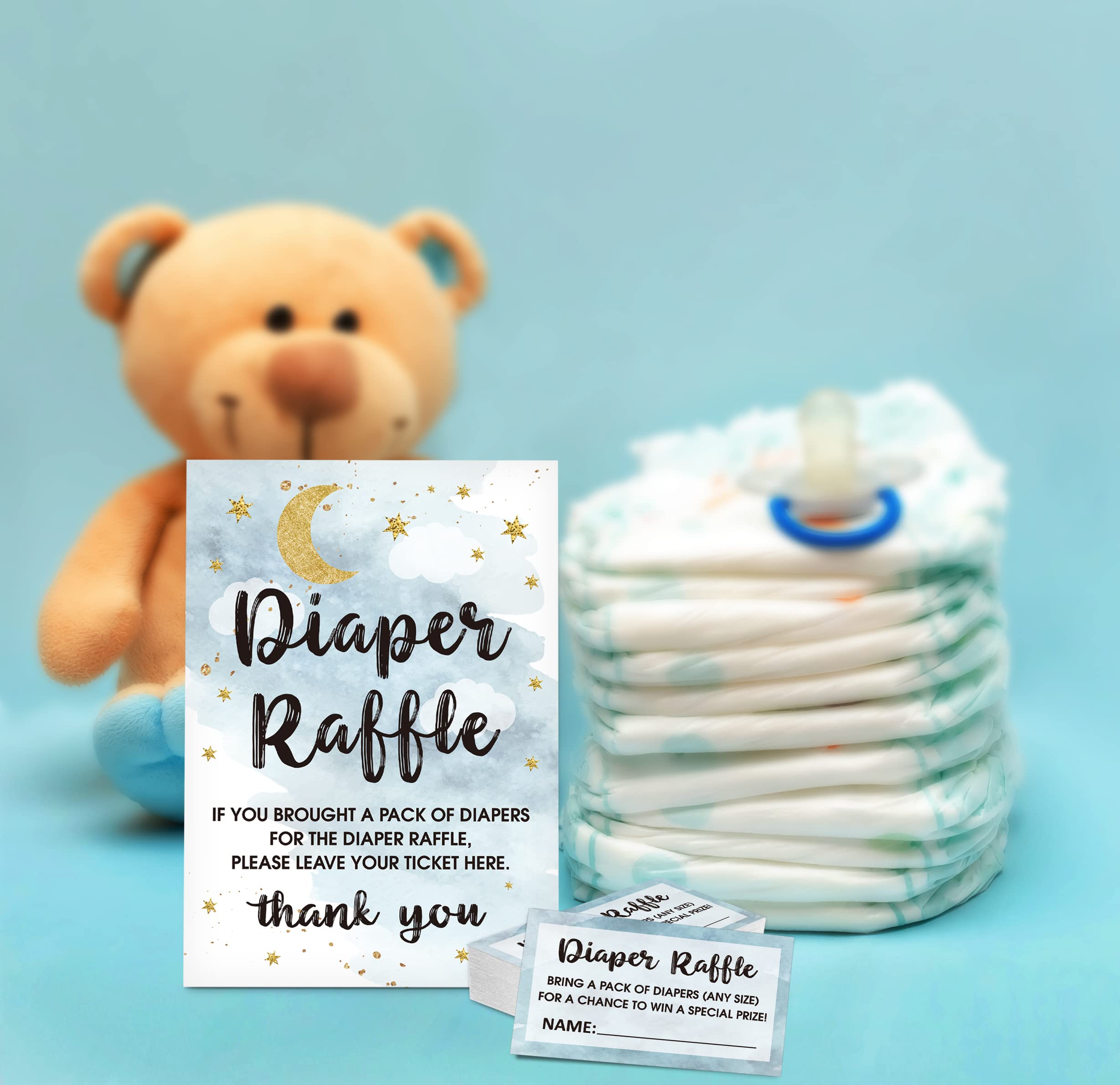 Diaper Raffle Baby Shower Game Set(1 Standing Sign + 50 Guessing Cards), Moon and Stars Diaper Raffle Tickets for Baby Shower, Twinkle Twinkle Little Star Baby Shower Party Favor Decor - B08