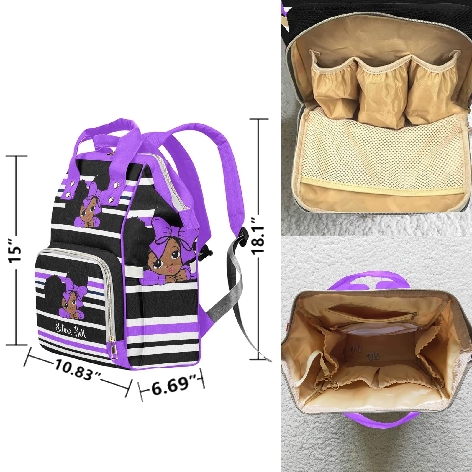 Little African Girl Purple Personalized Diaper Backpack with Name,Custom Travel DayPack for Nappy Mommy Nursing Baby Bag One Size