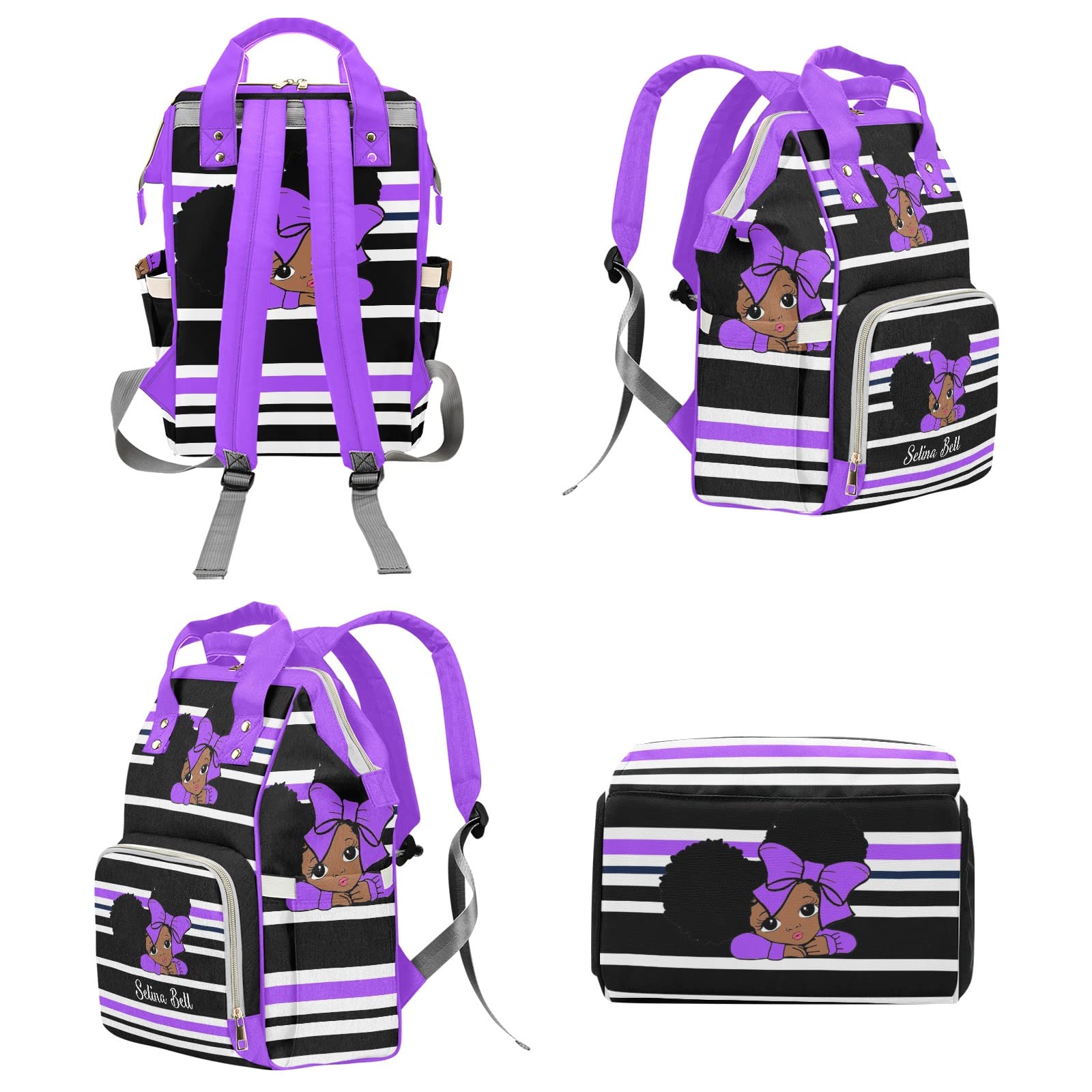 Little African Girl Purple Personalized Diaper Backpack with Name,Custom Travel DayPack for Nappy Mommy Nursing Baby Bag One Size