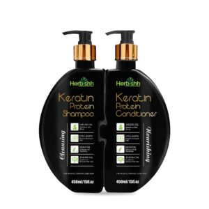 herbishh keratin shampoo and conditioner set - hydrating shampoo & nourishing conditioner for dry damaged hair - sulfate free - plant based - set of 2