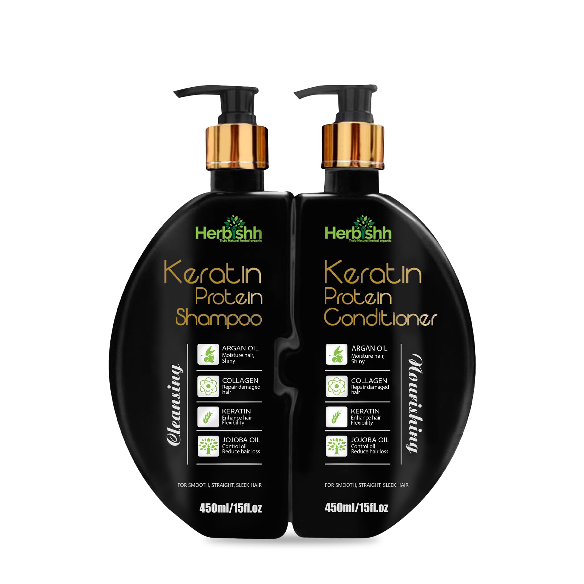 Herbishh Keratin Shampoo and Conditioner Set - Hydrating Shampoo & Nourishing Conditioner for Dry Damaged Hair - Sulfate Free - Plant Based - Set of 2