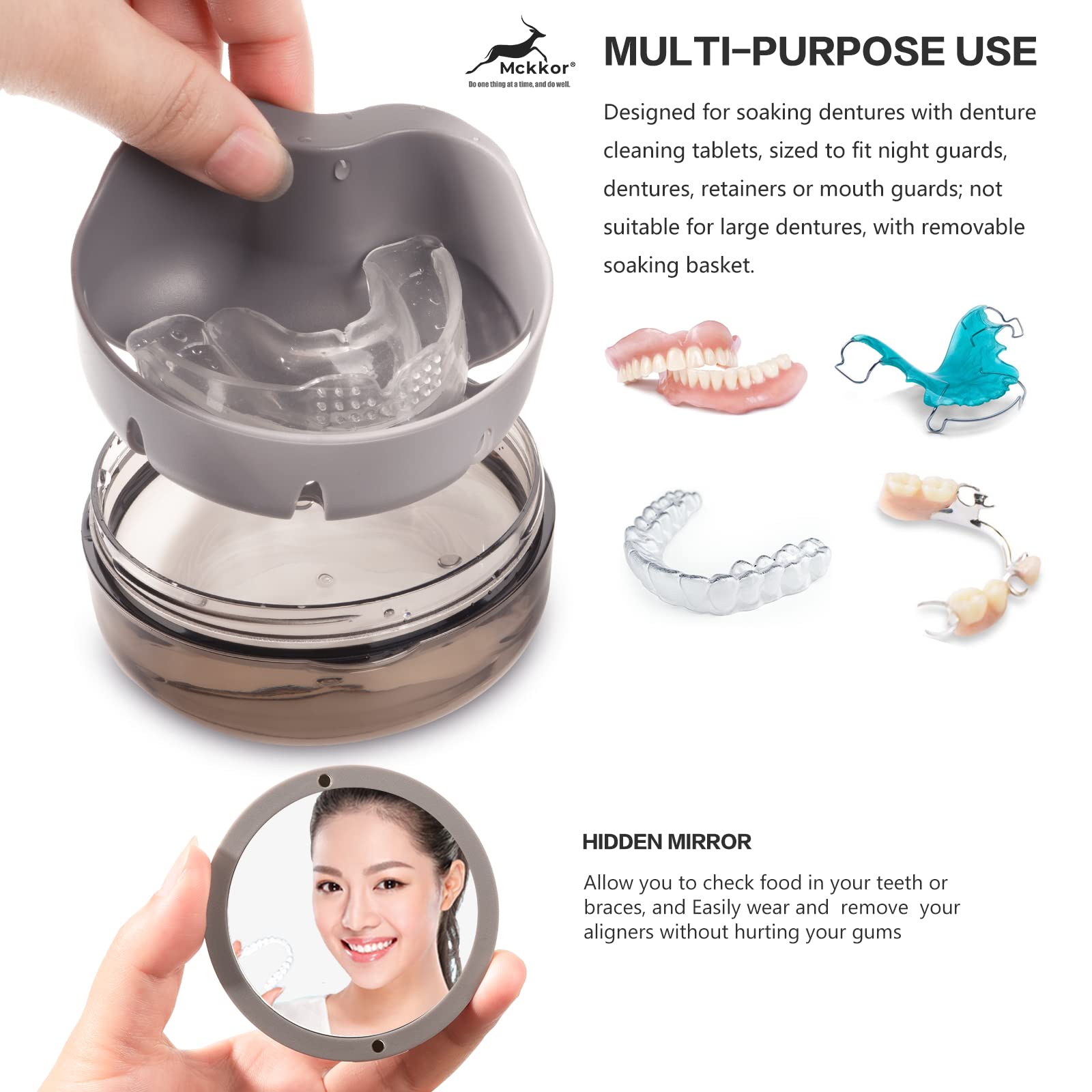 Denture cup, Definitely No-Leak Denture Bath Box for Traveling Perfectly, Denture Cup with Strainer & Mirror(White)