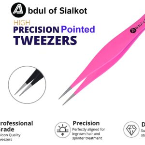 Abdul of Sialkot Pointed Tweezers,Needle Nose Tip, Sharp Precision Ingrown Hair, Surgical Pointed for Blackheads & Splinters/Best Tweezers for Eyebrows (Pink)