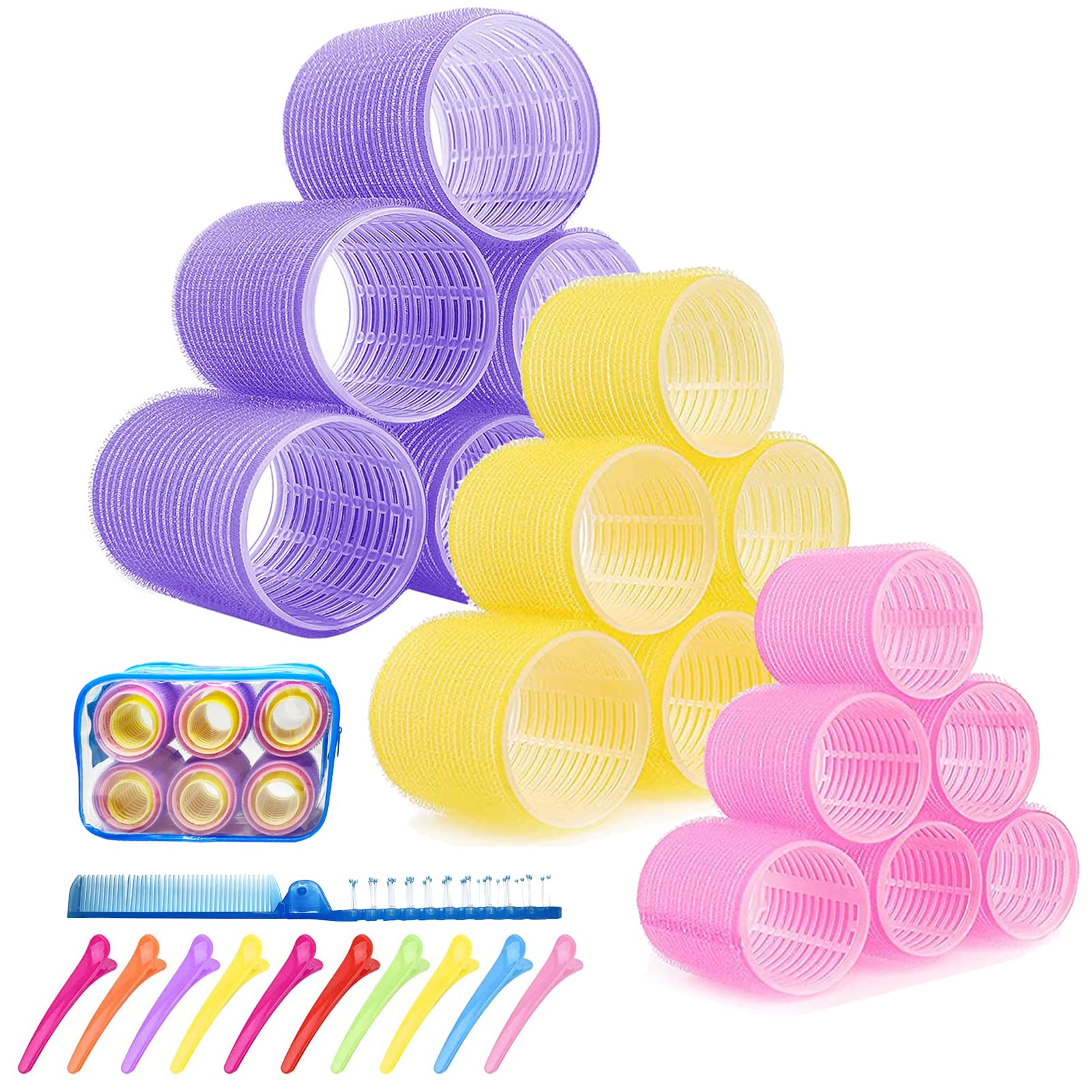 ROPIKIS Large Hair Rollers Set | Self-Grip Rollers for Volume and Blowout Look | Heatless Curlers for Medium to Long Hair, 31pcs 3 Sizes with Clips & Comb, Travel Pack