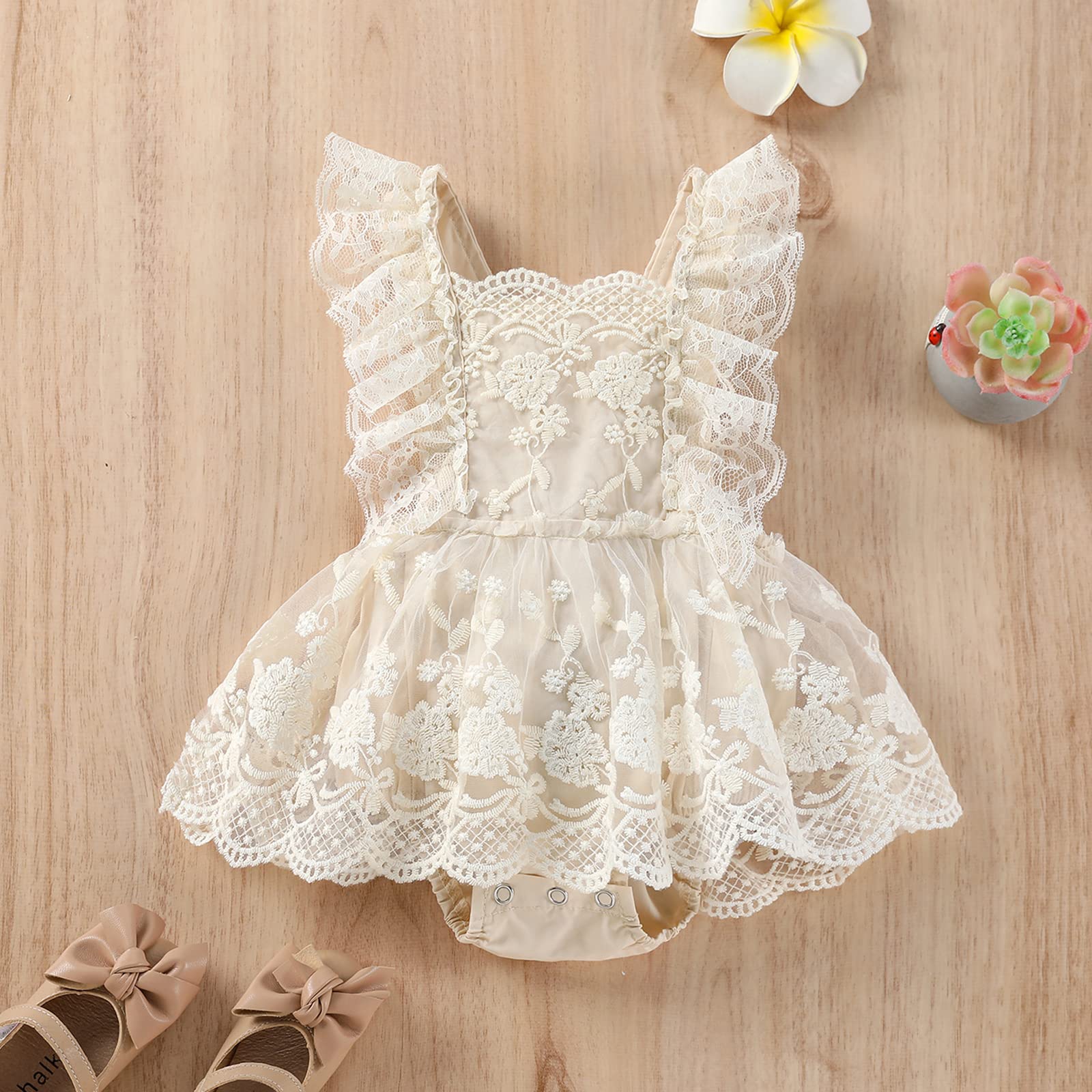 Engofs Baby Girl Boho 1st Birthday Romper Lace Floral Photoshoot Cake Smash Outfit Khaki 6-12 Months