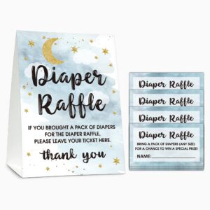 diaper raffle baby shower game set(1 standing sign + 50 guessing cards), moon and stars diaper raffle tickets for baby shower, twinkle twinkle little star baby shower party favor decor - b08