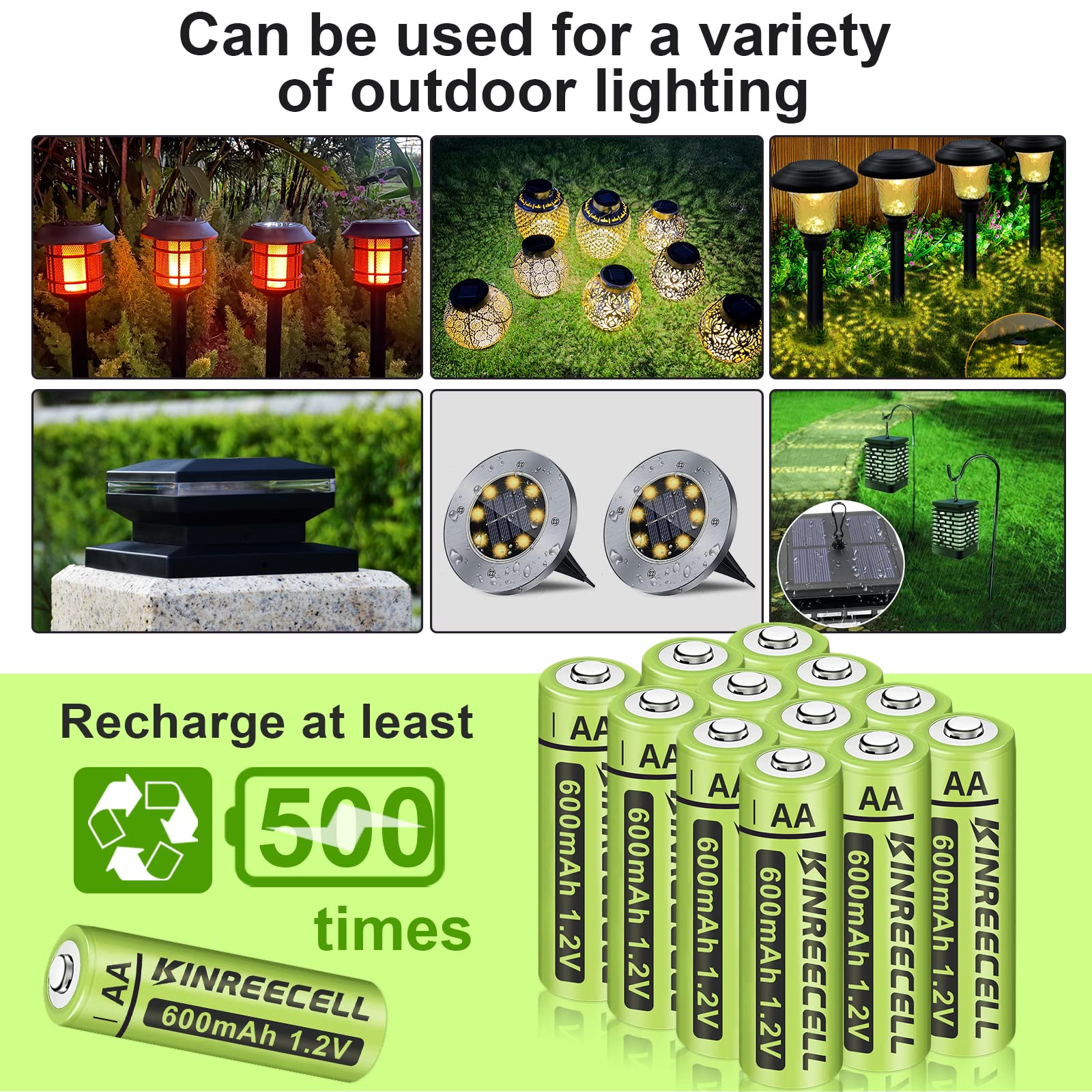 KINREECELL Rechargeable AA Batteries, Ni-MH Double A Solar Batteries High Capacity 1.2V Pre-Charged for Outdoor Solar Lights, String Lights Pathway Lights (AA-600mAh-12pack)