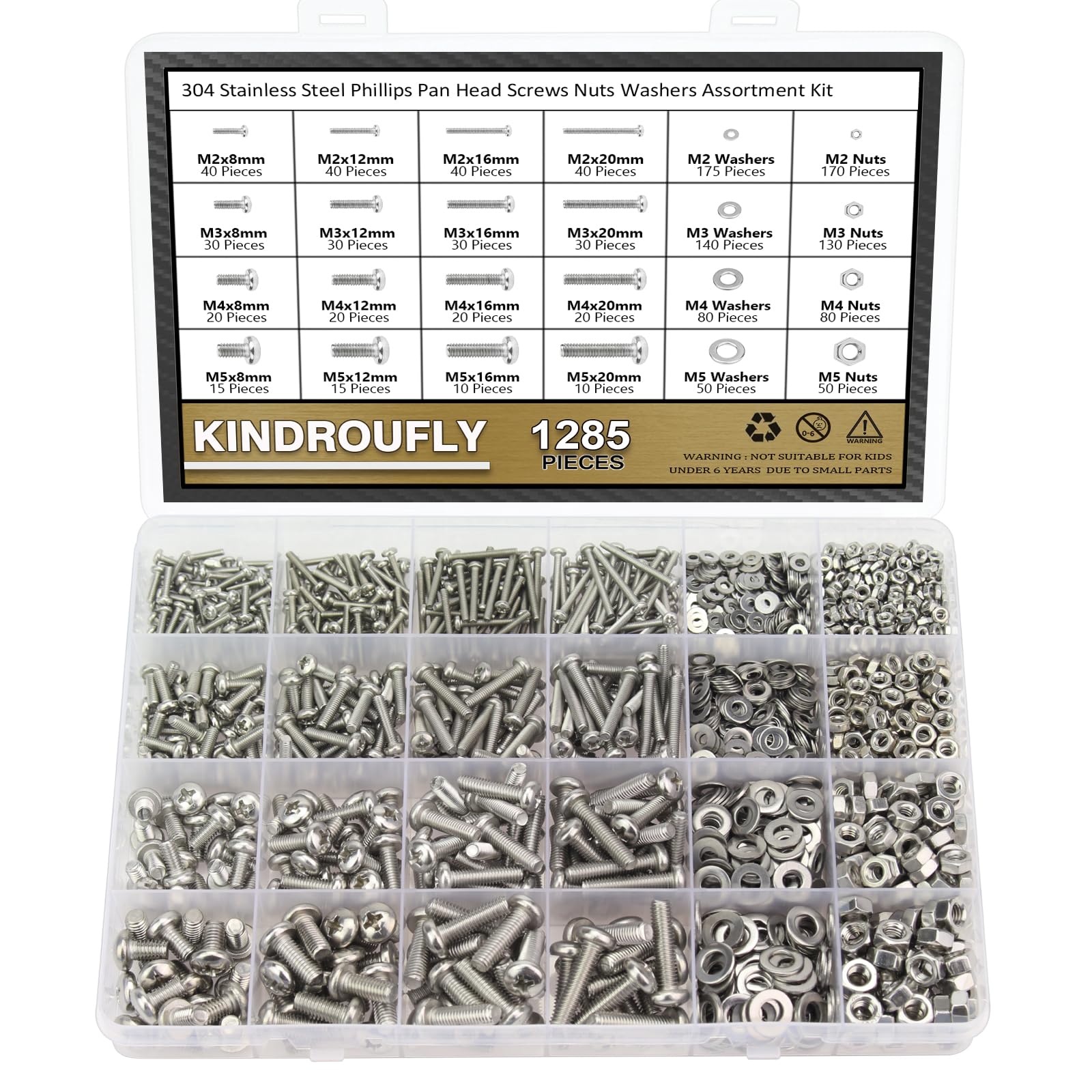 Kindroufly 1285 Pieces M2 M3 M4 M5 Screws Nuts Washers Assortment Kit, Metric Screw Set, Bolts and Nuts, Machine Screws, Fully Machine Thread (Silver, Phillips Pan Head Machine Screws Kit)