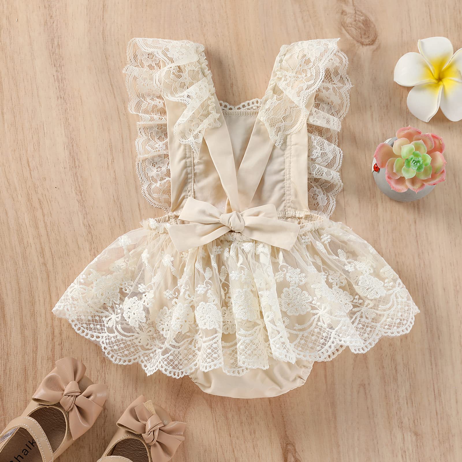 Engofs Baby Girl Boho 1st Birthday Romper Lace Floral Photoshoot Cake Smash Outfit Khaki 6-12 Months