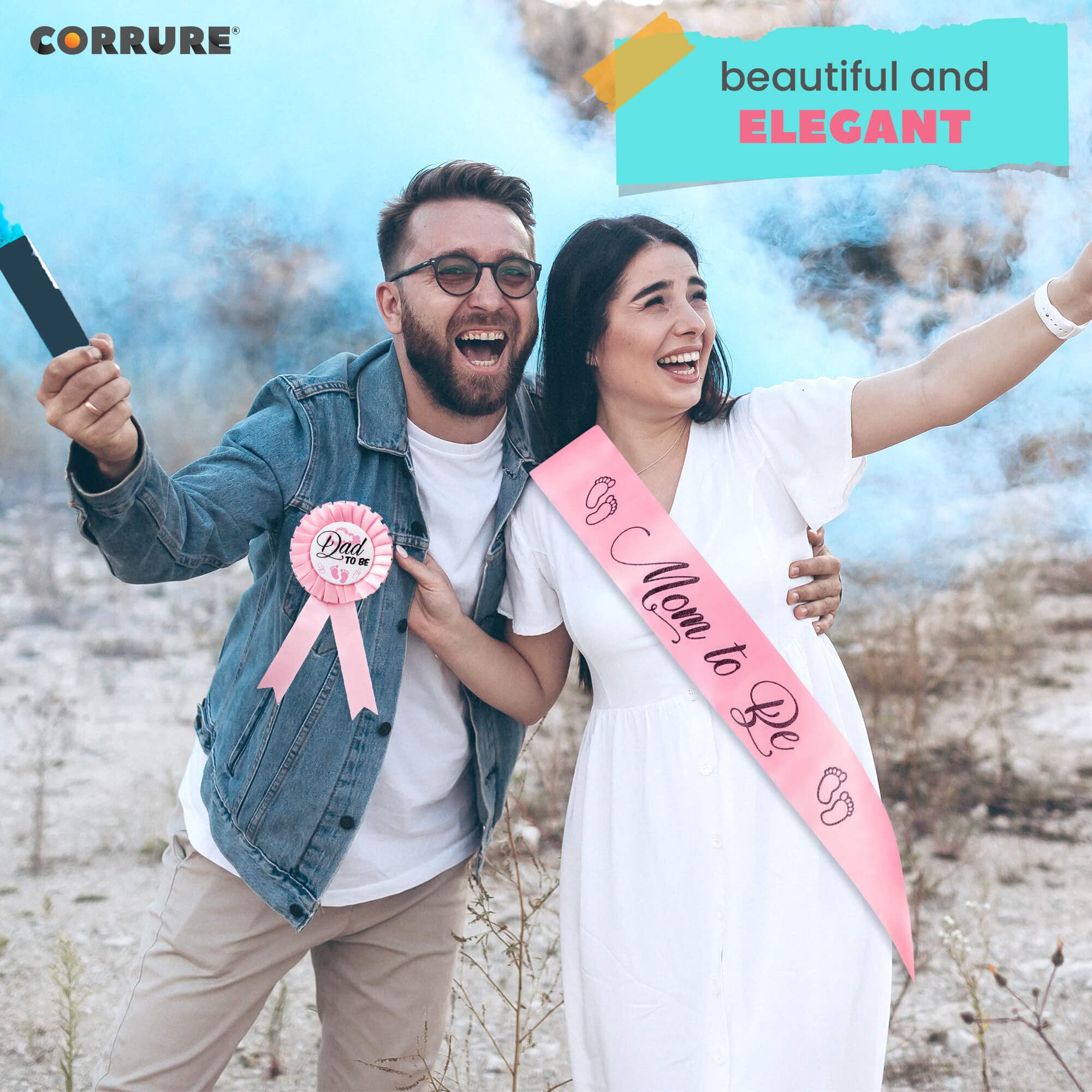 CORRURE Baby Shower Sash and Button Pin for Girl - 'Mom to Be' Sash and 'Dad to Be' Pin with Beautiful Pink Ribbon and Black Glitter Text - Ideal Mom and Dad Gift for Gender Reveal/Baby Shower