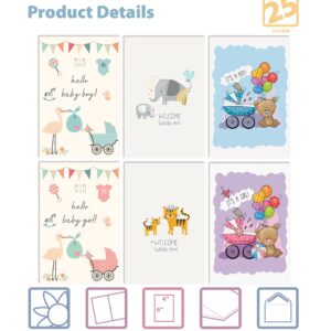 Better Office Products 25 Pack New Baby Congratulations Cards with Envelopes, Baby Shower Cards, Bulk Set, 4 x 6 Inch, 6 Cover Designs, New Baby Girl and Boy Cards, Blank Inside