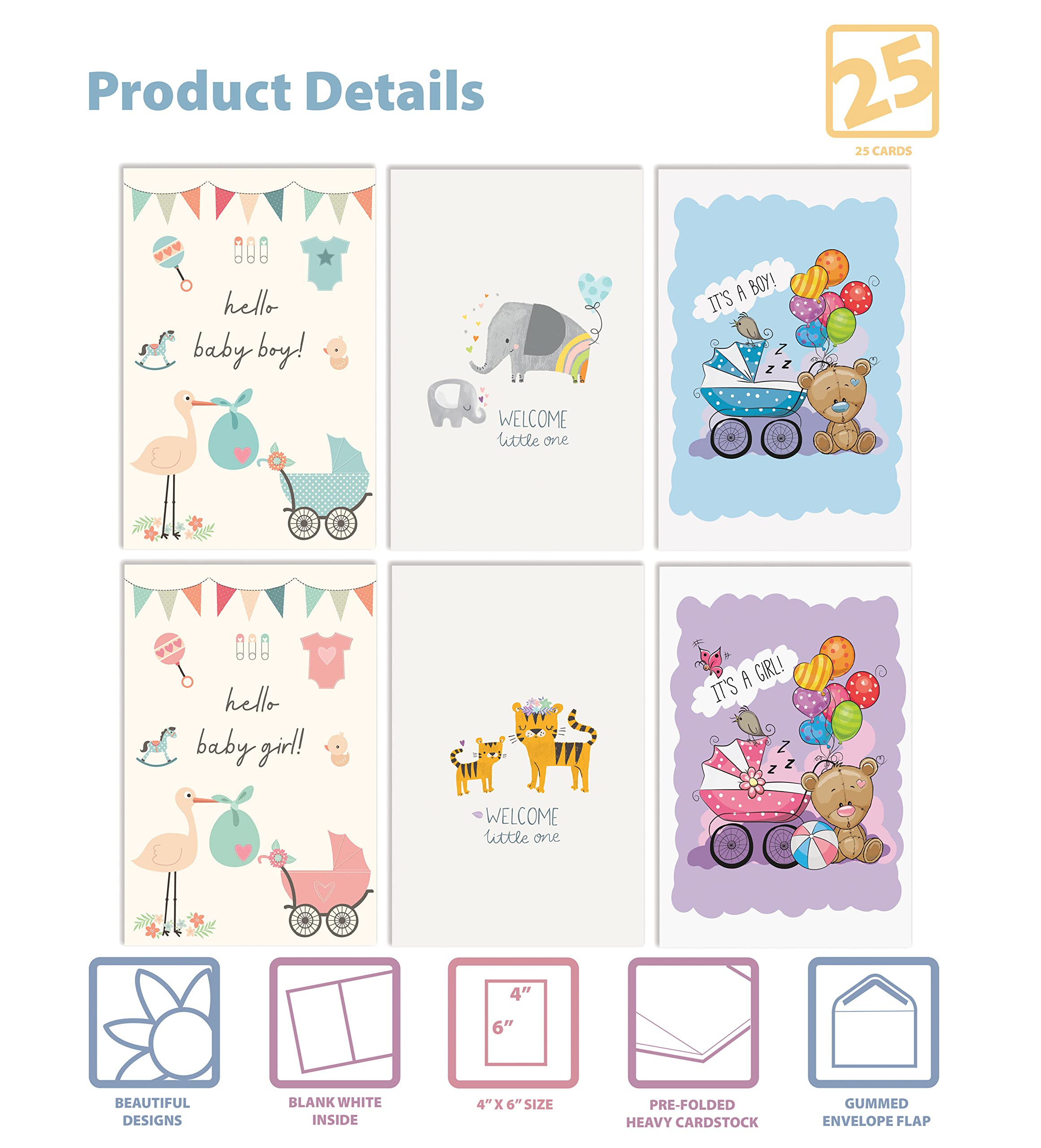 Better Office Products 25 Pack New Baby Congratulations Cards with Envelopes, Baby Shower Cards, Bulk Set, 4 x 6 Inch, 6 Cover Designs, New Baby Girl and Boy Cards, Blank Inside