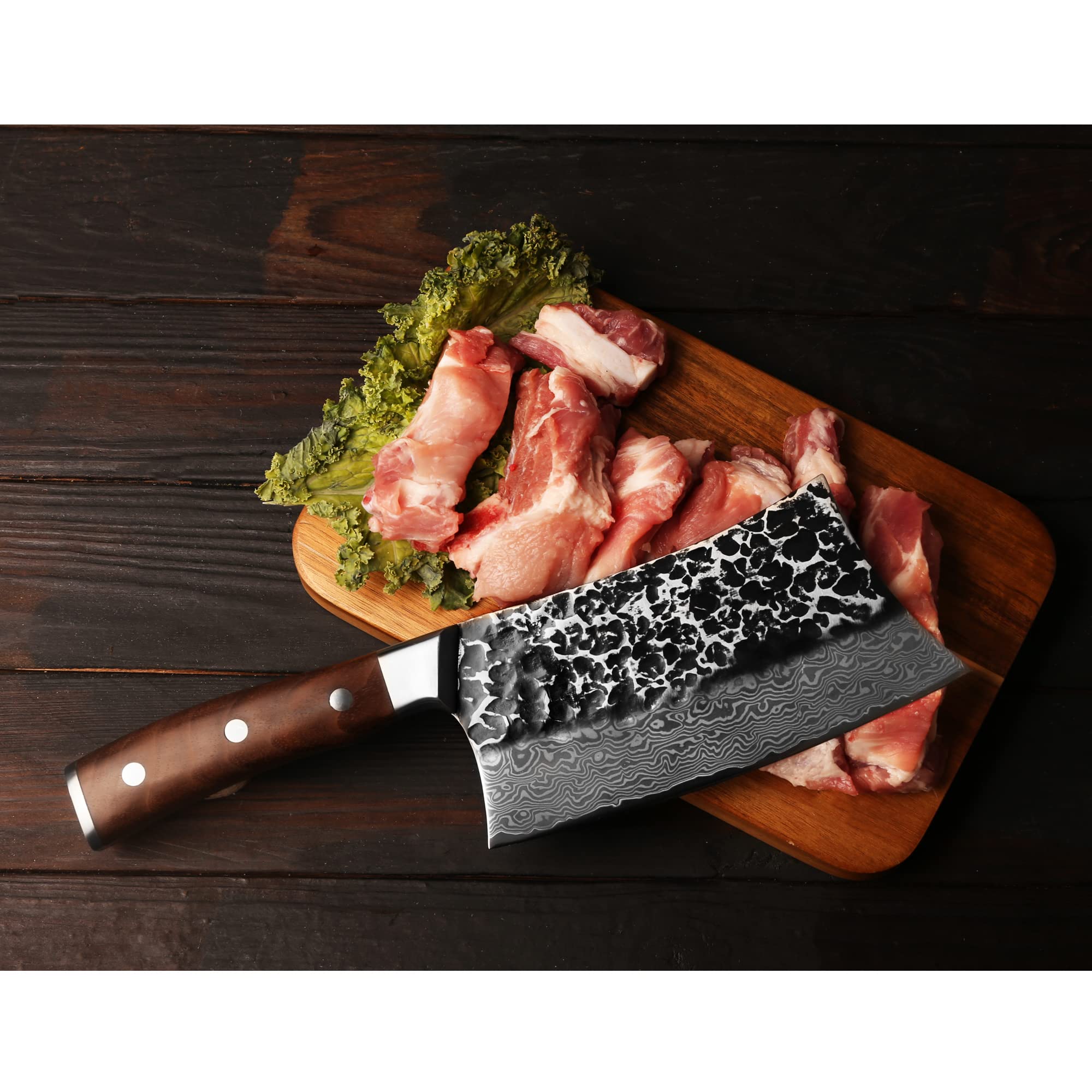 YOUSUNLONG Chopper Knife 7 Inch Meat Cleaver Butcher Axe Bone Chopper - Heavy Duty - Japanese Damascus thickened stainless steel - Natural Walnut Wood Handle