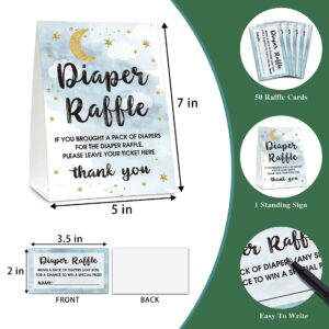 Diaper Raffle Baby Shower Game Set(1 Standing Sign + 50 Guessing Cards), Moon and Stars Diaper Raffle Tickets for Baby Shower, Twinkle Twinkle Little Star Baby Shower Party Favor Decor - B08