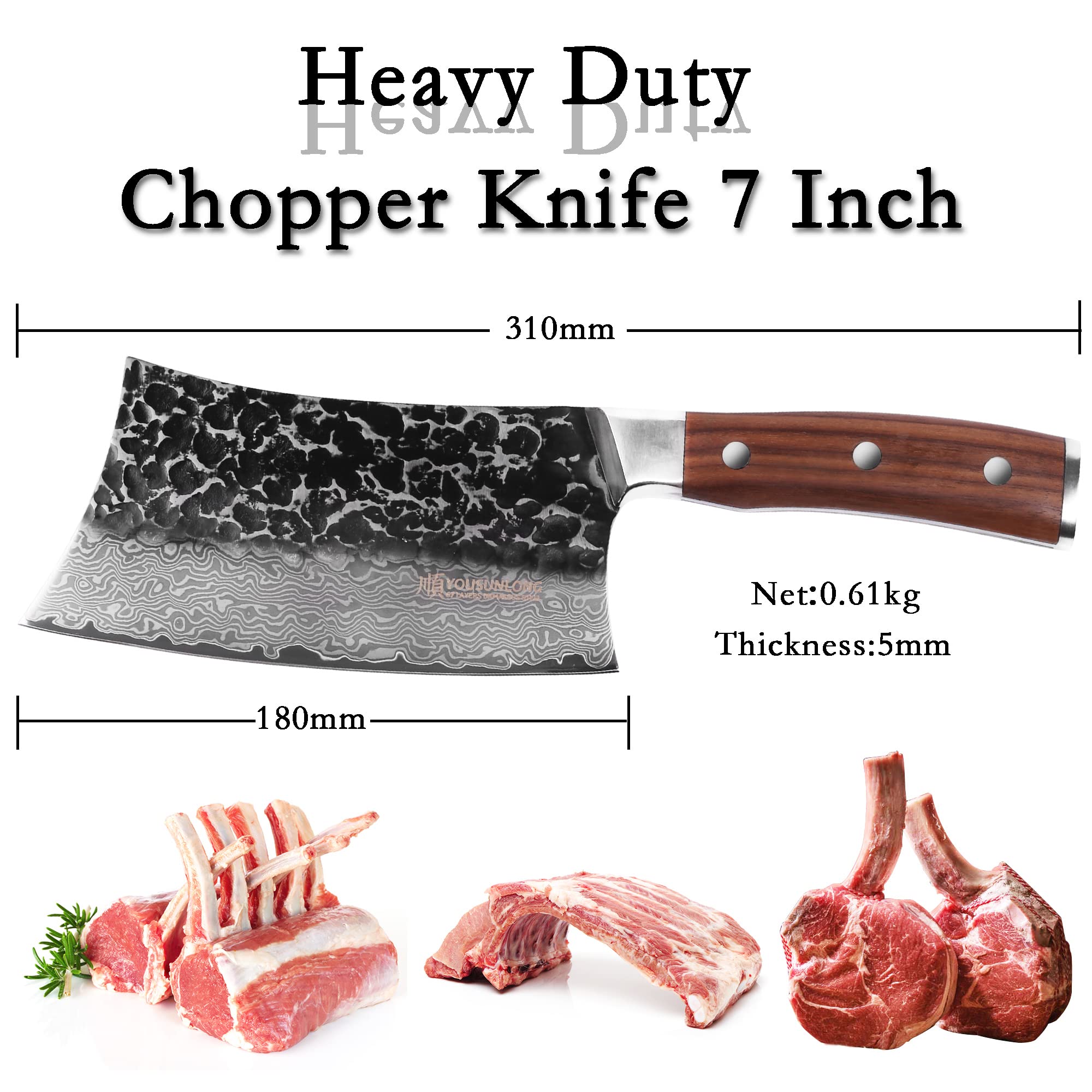 YOUSUNLONG Chopper Knife 7 Inch Meat Cleaver Butcher Axe Bone Chopper - Heavy Duty - Japanese Damascus thickened stainless steel - Natural Walnut Wood Handle